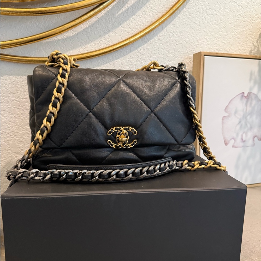 Chanel Black Leather Shoulder Bag with Gold and Silver Chain